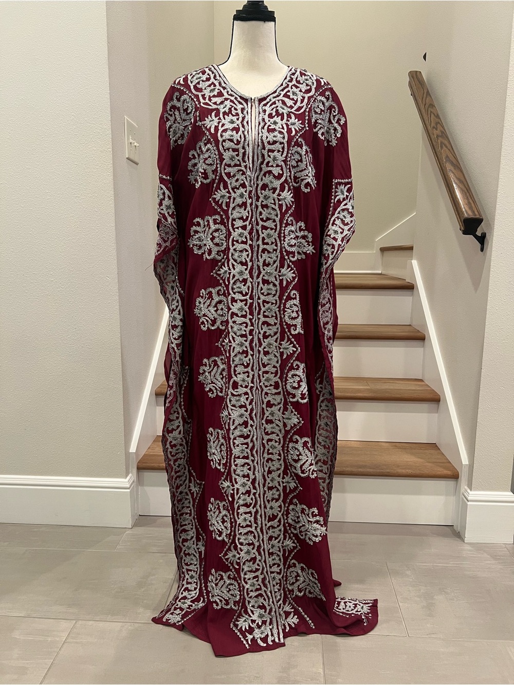 Embroidered Burgundy Caftan with Silver Detailing